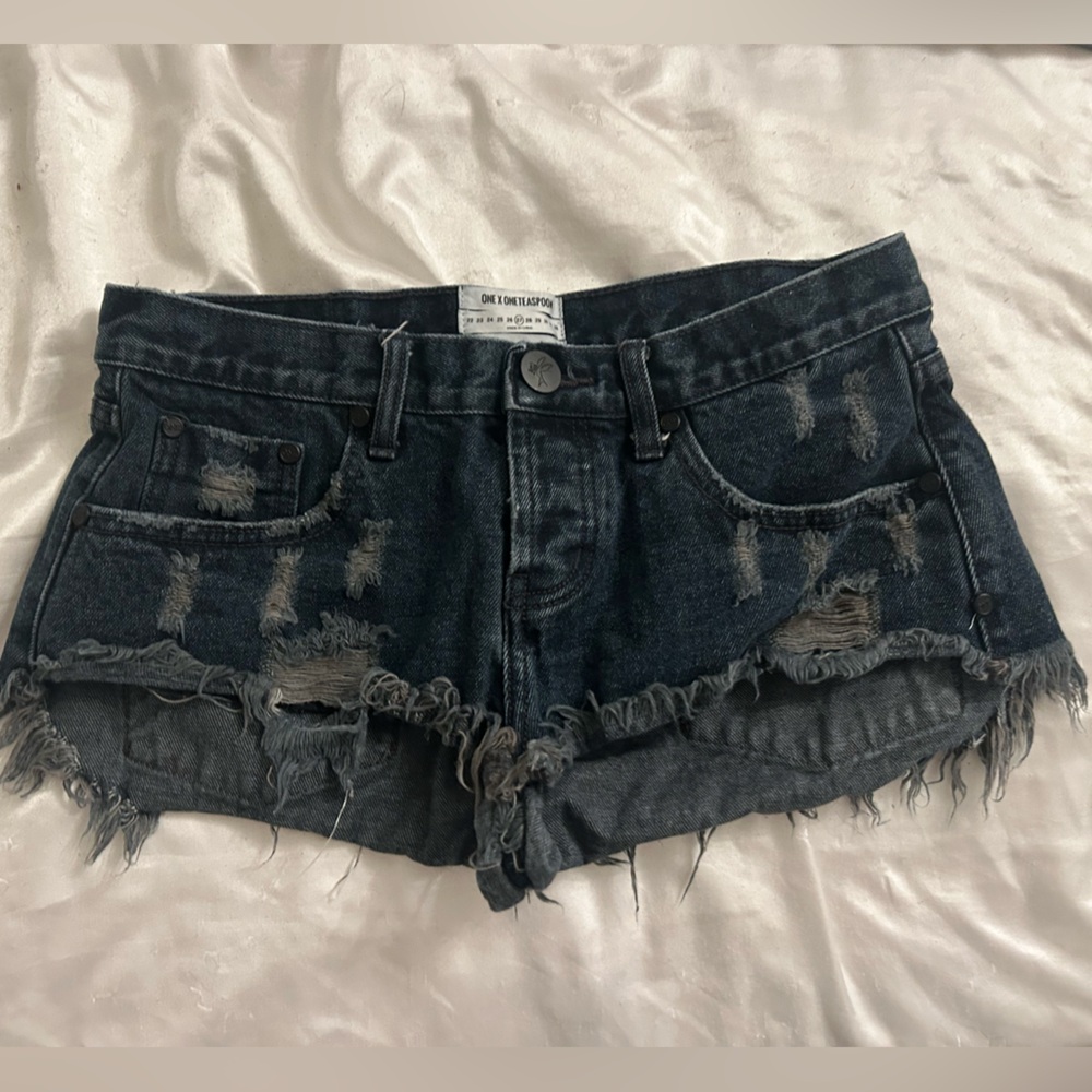 Distressed Denim Shorts - Dark Blue